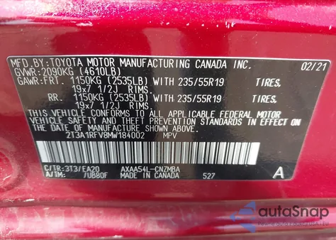 2021 Toyota Rav4 Xle Premium из США, поврежденный, VIN 2T3A1RFV8MW184002